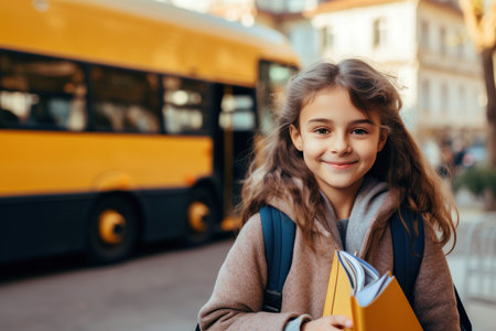 A child girl with his backpack in front of school busの素材
