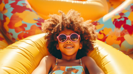 A little African American girl in sunglasses resting on colorful inflatable float in swimming pool on summer dayの素材