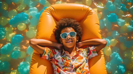 A little African American boy in sunglasses resting on colorful inflatable float in swimming pool on summer dayの素材