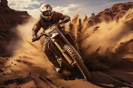 A man riding his dirt bike at the sand dunesの素材