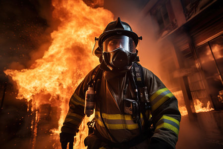 A male firefighter in full gear, including an oxygen mask, standing in front of a burning building with flames and smokeの素材