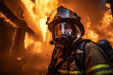 A male firefighter in full gear, including an oxygen mask, standing in front of a burning building with flames and smokeの素材
