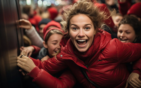 Black Friday Sale. A crowd of beautiful gorgeous women jostle to grab discounted clothes in a shopping centerの素材