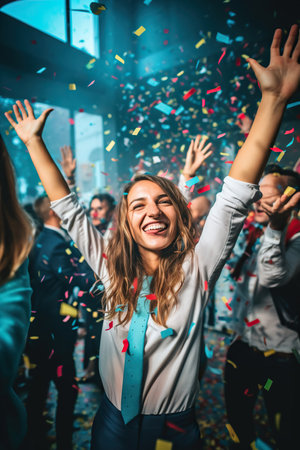Office young workers, standing happy with hands up, a lot of color confetti, day timeの素材