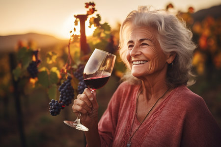Happy senior woman tasting red wine in vineyard at sunsetの素材