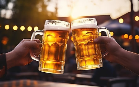 Close-up view of a two glass of beer mugs in hands. Beer mugs clinking at outdoor bar or pubの素材