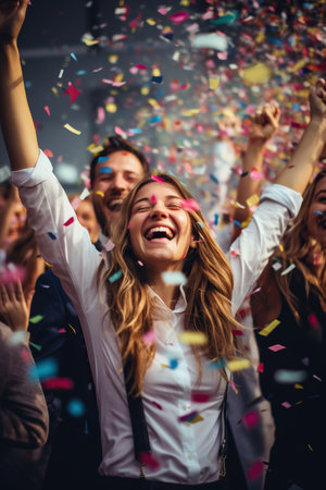 Office young workers, standing happy with hands up, a lot of color confetti, day timeの素材