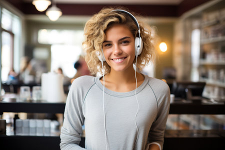 Portrait of a smiling young woman listening to music with headphones while standing in cafeの素材