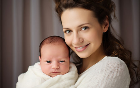 Portrait of pretty woman holding a newborn babyの素材