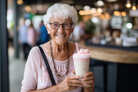 Smiling senior woman with milkshake at bar or coffee shopの素材