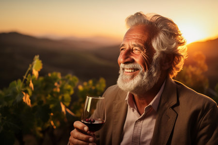 Portrait of senior man tasting red wine in vineyard at sunsetの素材