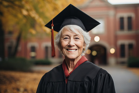 smiling senior woman in graduation cap and gown standing outdoorsの素材