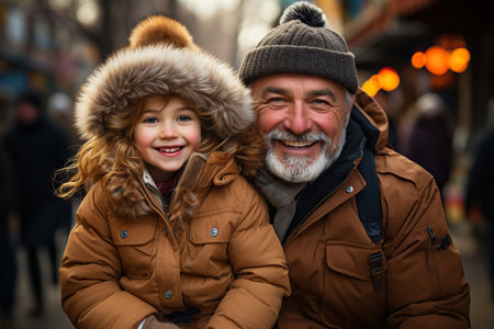 Granddaughter and her grandpa. City parkの素材