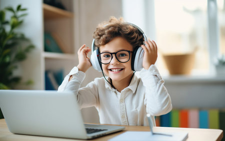 Smiling little Caucasian boy in headphones have video call distant class with teacher using laptopの素材