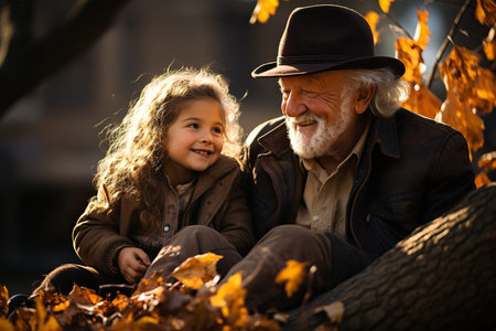 Granddaughter and her grandpa. City parkの素材
