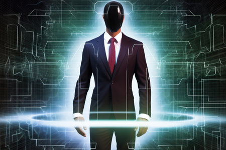 businessman in suit working with virtual hologram interface on dark backgroundの素材