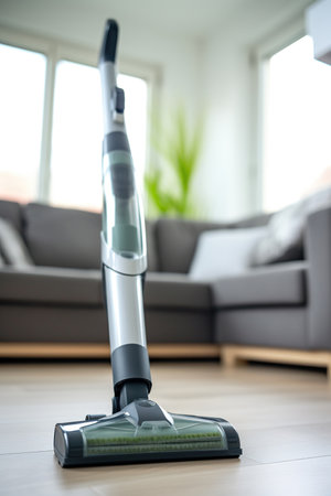 A woman uses a vacuum cleaner to clean the floorの素材