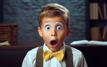 Child schoolboy looks surprised near blackboard at schoolの素材