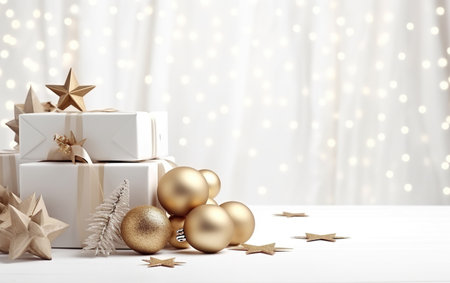 Christmas holiday composition on a white background of a tree, balls, New Year's stars, a box with giftsの素材