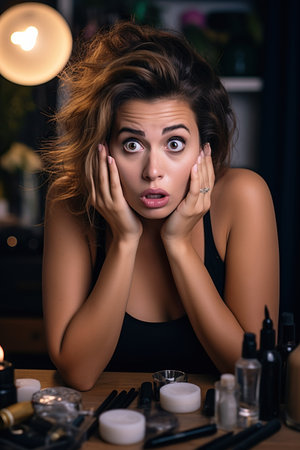 Close up a gorgeous beautiful woman is on a table by her makeupの素材