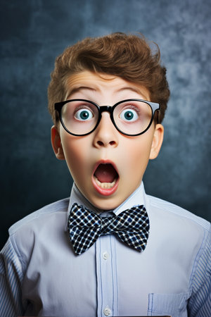 Child schoolboy looks surprised near blackboard at schoolの素材