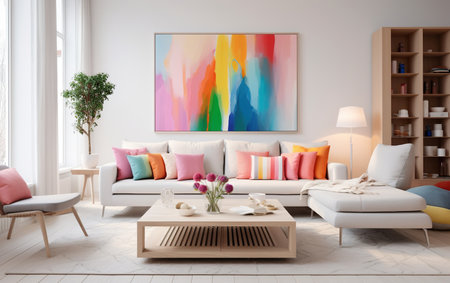 A large flat living room, white Nordic style, designing dreamy furniture, vibrant colorful colorの素材