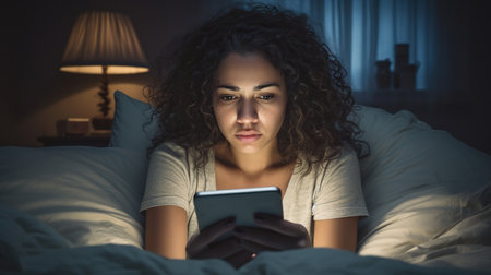 Woman in bed looking at a no reply text message with mixed feelings.の素材