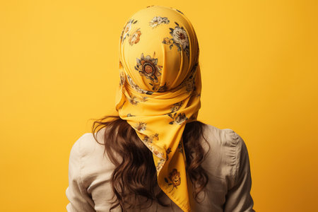 Young woman with stylish bandana on yellow background, back viewの素材