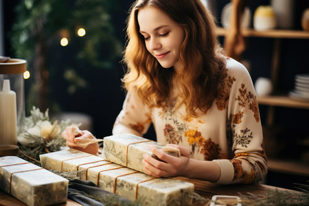 Woman is packing handmade natural soap as a gift for New Year and Christmas. Concept of preparing for holidays, hobbies, a cozy festive atmosphereの素材