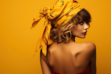 Young woman with stylish bandana on yellow background, back viewの素材