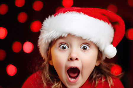 Excited little girl with big eyes in Santa Claus costume, bright red background.の素材