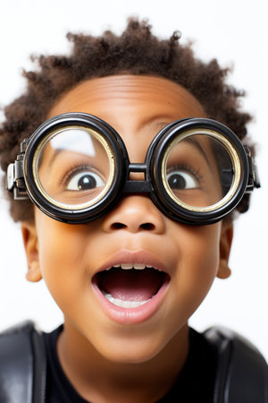 Funny looking African American child boy wears futuristic eyeglasses, on white background.の素材