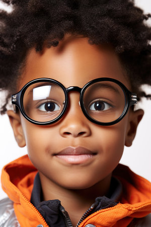 Funny looking African American child boy wears futuristic eyeglasses, on white background.の素材