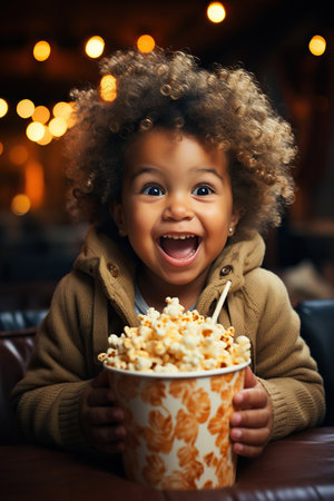 Funny and funny African American child boy eats caramel popcornの素材