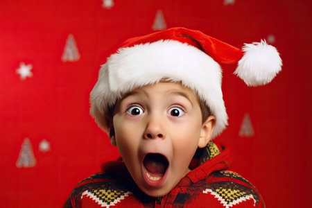 Excited little boy with big eyes in Santa Claus costume, bright red background.の素材