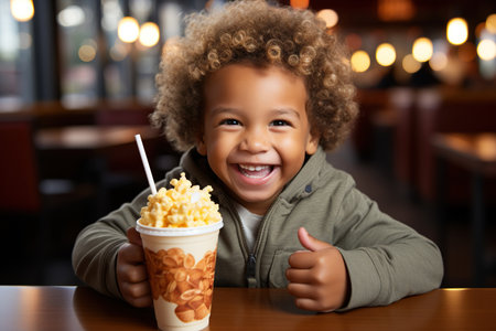 Funny and funny African American child boy eats caramel popcornの素材