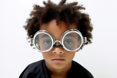 Funny looking African American child boy wears futuristic eyeglasses, on white background.の素材