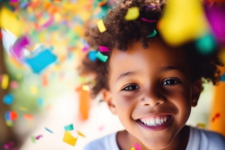 happy and smiling African American child boy celebrates his birthday, vivid and vibrant colorsの素材