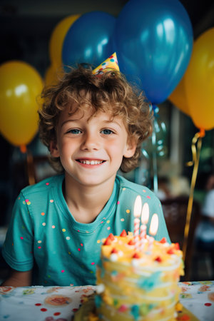 Happy and smiling child boy celebrates his birthdayの素材