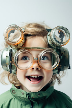 Funny looking child girl wears futuristic eyeglasses, on white background.の素材
