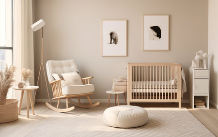 Contemporary Scandinavian-style nursery with a neutral color palette and modern furnishingsの素材