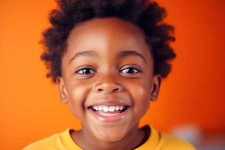 happy and smiling African American child boy celebrates his birthday, vivid and vibrant colorsの素材