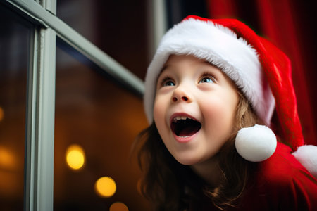 Excited little girl with big eyes in Santa Claus costume, bright red background.の素材