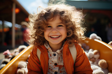 Cute young girl is smiling, outdoor play yard on a backgroundの素材