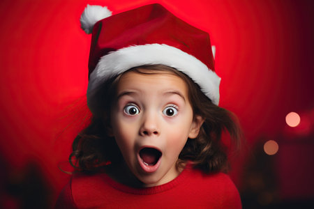 Excited little girl with big eyes in Santa Claus costume, bright red background.の素材