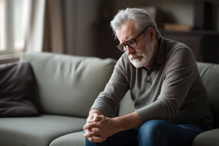 Frustrated unhappy middle aged mature man sitting on sofa, feeling depressed alone at home.の素材