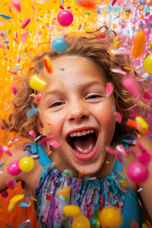 Happy and smiling child girl celebrates his birthdayの素材