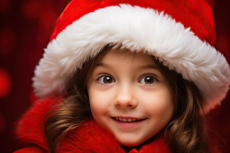 Excited little girl with big eyes in Santa Claus costume, bright red background.の素材