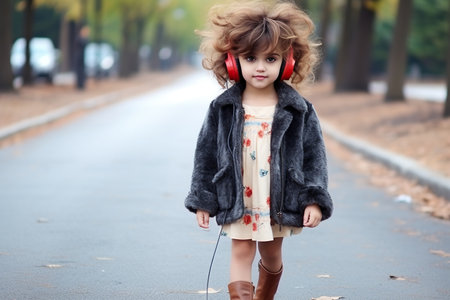 Cute little girl listening to music with headphones on the streetの素材