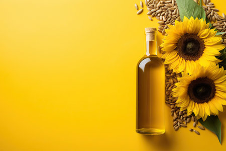 A bottle of sunflower oil and sunflower on yellow background.の素材